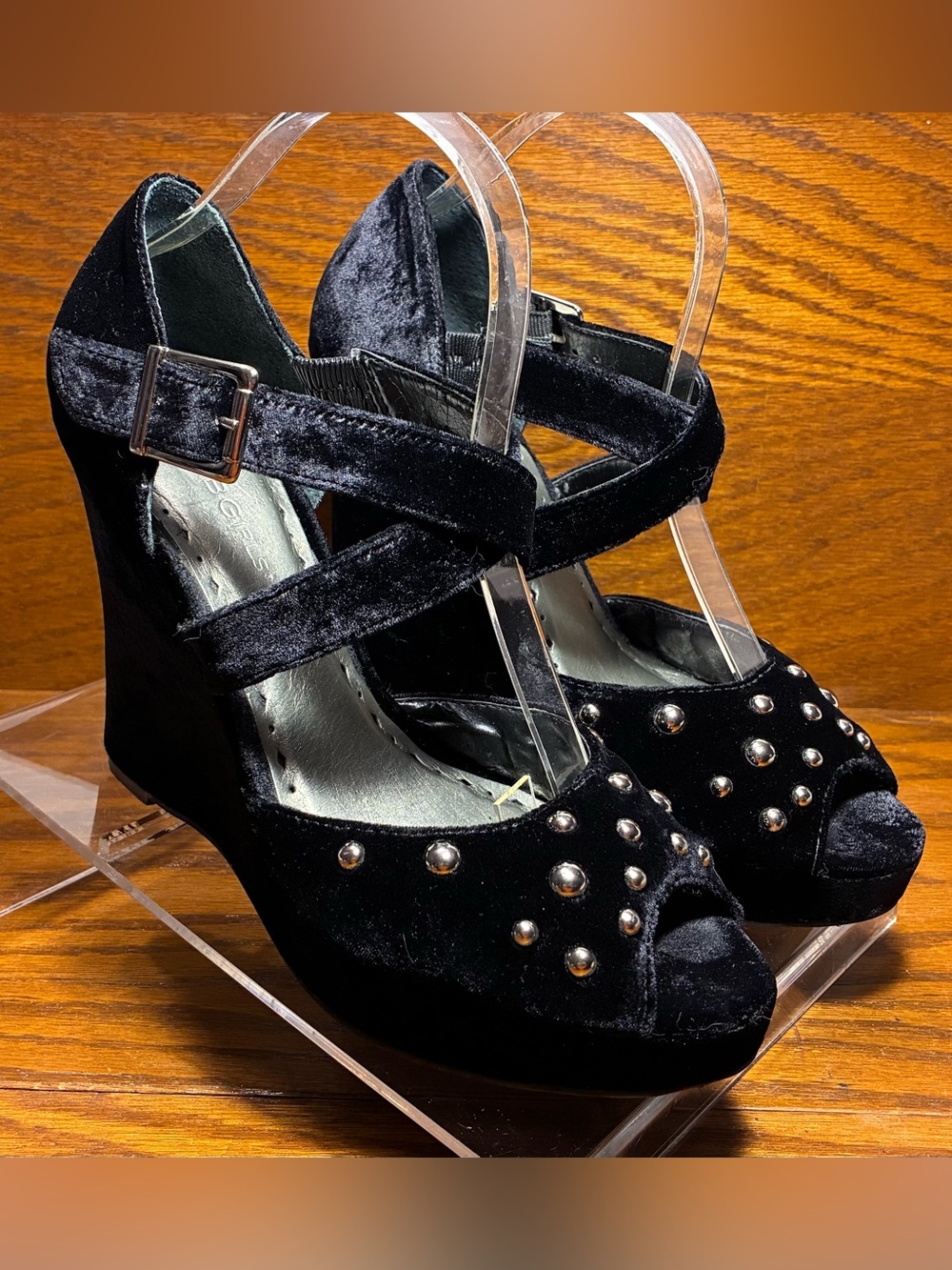 Y2K BCBGirls Studded Velvet Wedge Platform Peep Toe Heels Size 8